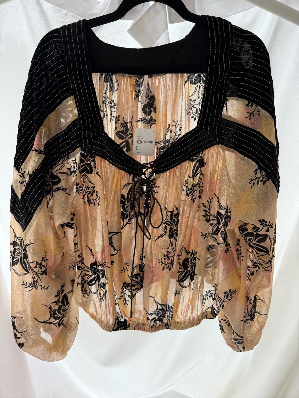 Free People NWT Sheer Metallic Floral Lace Up Blouse Ivory Black Size L
